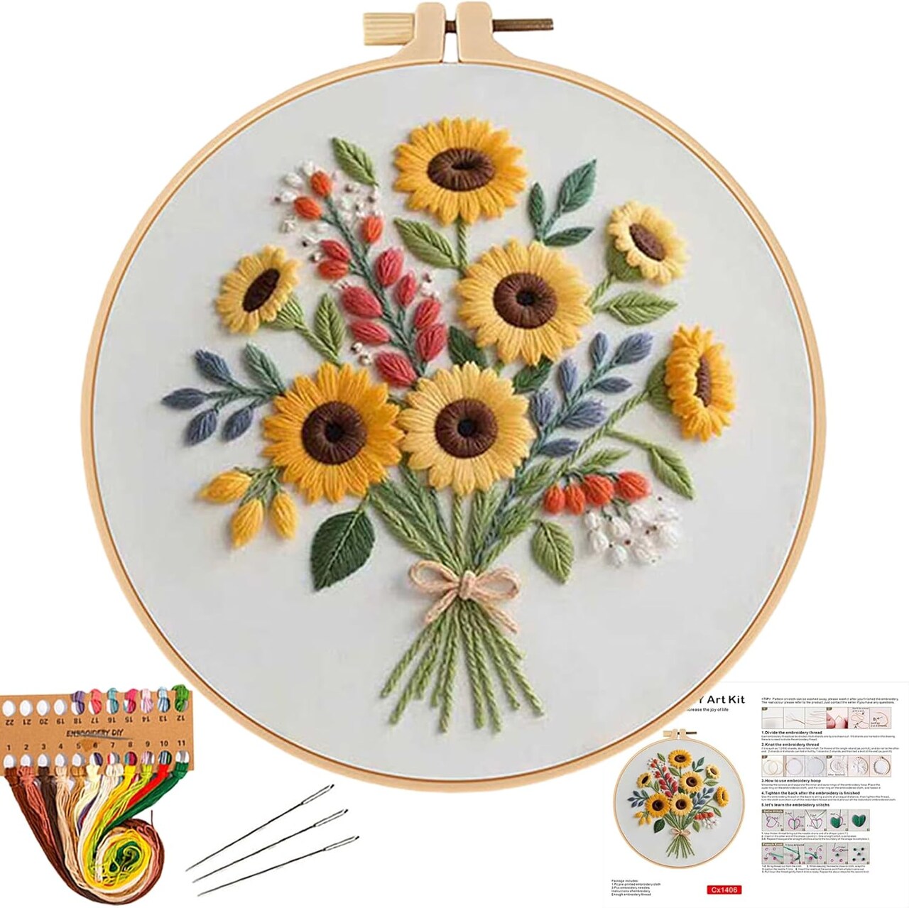 Flower Embroidery Kit for Beginner Adults – Complete Cross Stitch Set with Stamped Fabric, Hoop, Threads, Needles & Instructions, DIY Hand Sewing Craft